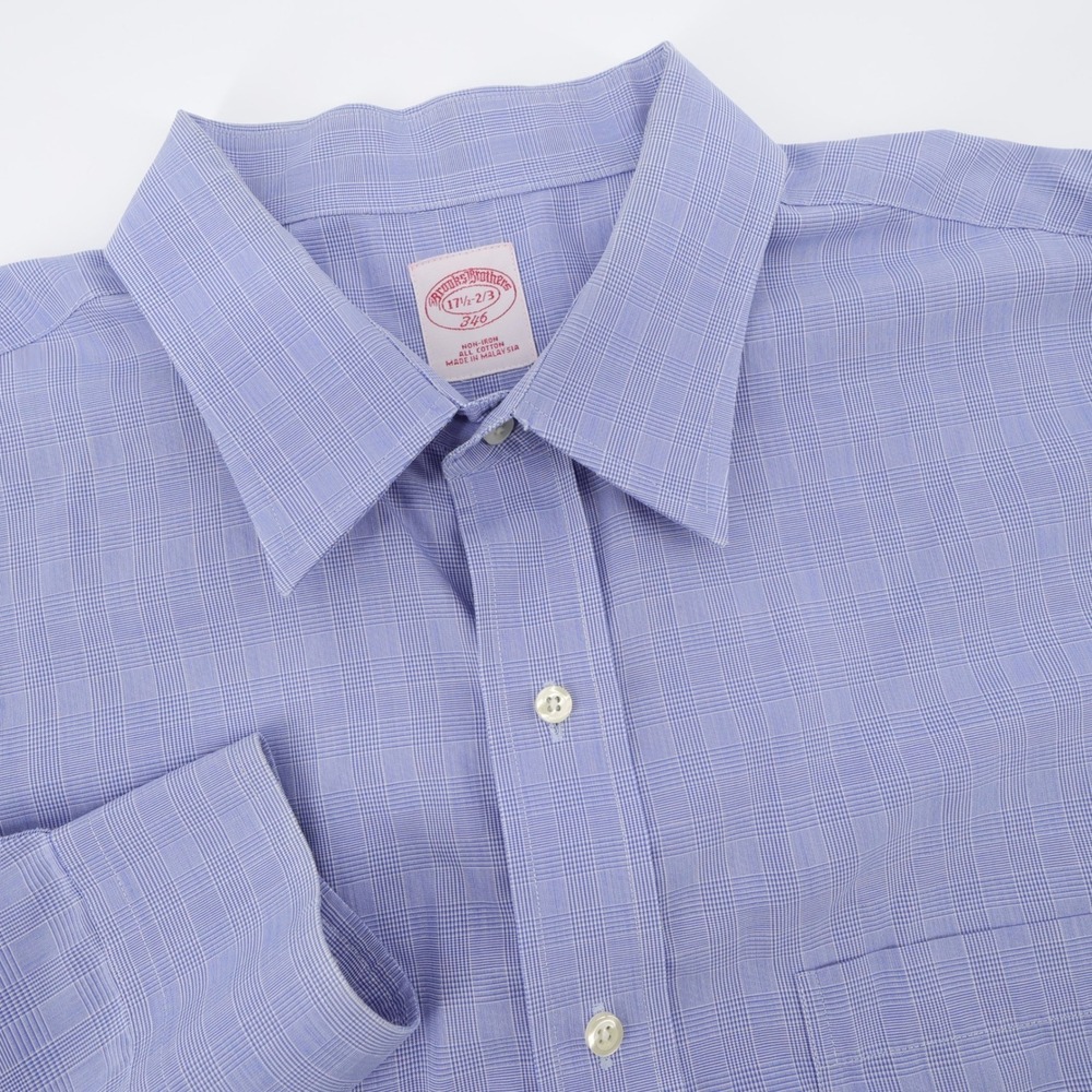 Brooks Brothers 346 Glen Plaid Shirt Blue Long Sleeve Mens 17.5 2/3 XL Flaws